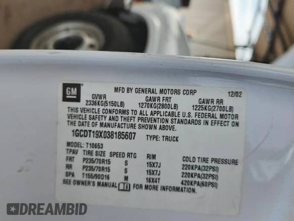 2003 Chevrolet S-10 LS с VIN 1GCDT19X038185607, выставлен на аукционе Copart как лот 82764965 с пробегом 72 381 миль миль и Списание • Salvage title. История ставок и продаж доступна на DreamBid. Изображение 12.