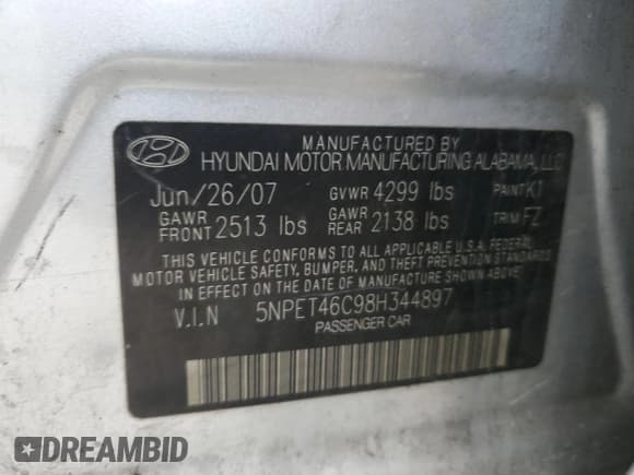 ✅ 2008 Hyundai Sonata GLS • VIN: 5NPET46C98H344897 • Лот: 86012394. Опубликован ранее на Copart с пробегом 251 046 миль. Бесплатный доступ к архиву аукционных продаж из США и подробный отчёт об истории автомобиля на DreamBid. Изображение 13.