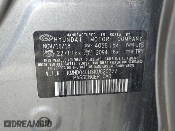 ✅ 2019 Hyundai Elantra Sport • VIN: KMHD04LB3KU820277 • Lot: 63289715. Listed on Copart with 117,689 mi. Free auction sales archive from the USA and detailed vehicle history report at DreamBid. Image 12.