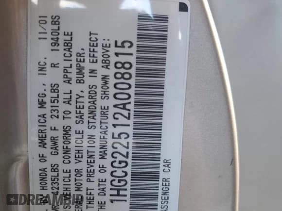 ✅ 2002 Honda Accord EX • VIN: 1HGCG22512A008815 • Лот: 91548265. Опубликован ранее на Copart с пробегом Не указан. Бесплатный доступ к архиву аукционных продаж из США и подробный отчёт об истории автомобиля на DreamBid. Изображение 12.