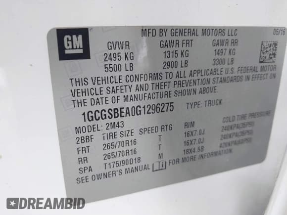 ✅ 2016 Chevrolet Colorado 2WD WT • VIN: 1GCGSBEA0G1296275 • Lot: 42631736. Listed on IAAI with 188,060 mi. Free auction sales archive from the USA and detailed vehicle history report at DreamBid. Image 9.