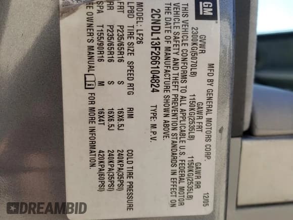 ✅ 2006 Chevrolet Equinox LS • VIN: 2CNDL13F266104824 • Лот: 49478095. Опубликован ранее на Copart с пробегом 165 223 миль. Бесплатный доступ к архиву аукционных продаж из США и подробный отчёт об истории автомобиля на DreamBid. Изображение 14.