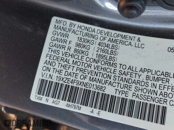 ✅ 2022 Honda Insight Touring • VIN: 19XZE4F9XNE013682 • Lot: 43127171. Listed on IAAI with 119,014 mi. Free auction sales archive from the USA and detailed vehicle history report at DreamBid. Image 9.