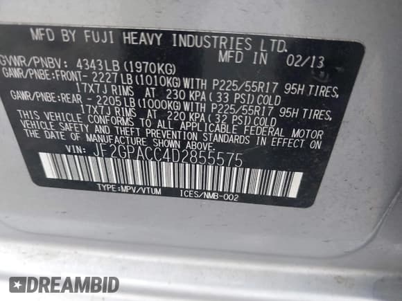 ✅ 2013 Subaru Crosstrek Premium • VIN: JF2GPACC4D2855575 • Lot: 42067679. Listed on IAAI with 188,268 mi. Free auction sales archive from the USA and detailed vehicle history report at DreamBid. Image 9.