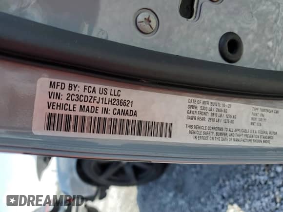 2020 Dodge Challenger R/T Scat Pack z VIN 2C3CDZFJ1LH236621, wystawiony jako Copart lot #64130665 z przebiegiem 52 274 mil mil oraz Nie do naprawy • Non repairable. Historia ofert i sprzedaży dostępna na DreamBid. Obrazek 13.