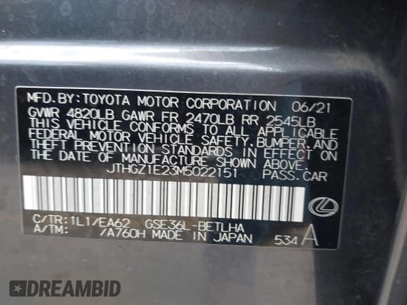 ✅ 2021 Lexus IS 350 F Sport • VIN: JTHGZ1E23M5022151 • Лот: 42426248. Опубликован ранее на IAAI с пробегом 26 937 миль. Бесплатный доступ к архиву аукционных продаж из США и подробный отчёт об истории автомобиля на DreamBid. Изображение 9.