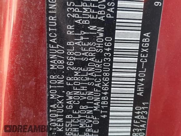 ✅ 2008 Toyota Camry • VIN: 4T1BB46K68U033460 • Лот: 61264515. Опубликован ранее на Copart с пробегом 174 168 миль. Бесплатный доступ к архиву аукционных продаж из США и подробный отчёт об истории автомобиля на DreamBid. Изображение 12.