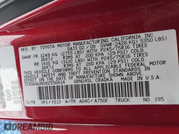 ✅ 2008 Toyota Tacoma • VIN: 5TEUU42N58Z556614 • Lot: 43622622. Listed on IAAI with Not provided. Free auction sales archive from the USA and detailed vehicle history report at DreamBid. Image 9.
