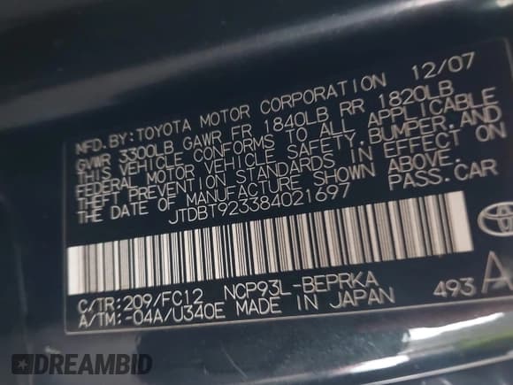 ✅ 2008 Toyota Yaris • VIN: JTDBT923384021697 • Lot: 43169407. Listed on IAAI with 170,259 mi. Free auction sales archive from the USA and detailed vehicle history report at DreamBid. Image 9.