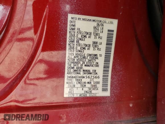 ✅ 2006 Nissan Titan XE • VIN: 1N6BA07A46N567566 • Lot: 62355015. Listed on Copart with 176,903 mi. Free auction sales archive from the USA and detailed vehicle history report at DreamBid. Image 13.