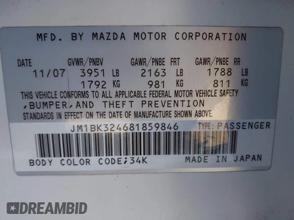 ✅ 2008 Mazda 3 S Touring • VIN: JM1BK324681859846 • Lot: 43609616. Listed on IAAI with 180,103 mi. Free auction sales archive from the USA and detailed vehicle history report at DreamBid. Image 9.