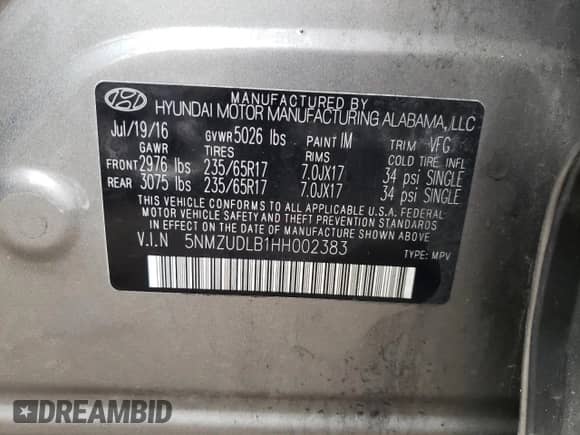 ✅ 2017 Hyundai Santa Fe 2.4L • VIN: 5NMZUDLB1HH002383 • Lot: 39117593. Wystawiony na Copart z przebiegiem Nie podano mil. Skorzystaj z bezpłatnego archiwum sprzedaży aukcyjnych z USA i zobacz szczegółowy raport historii pojazdu na DreamBid. Zdjęcie 14.