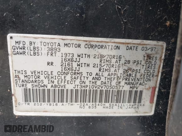 ✅ 1997 Toyota RAV4 • VIN: JT3HP10V2V7050577 • Lot: 42924441. Listed on IAAI with 220,801 mi. Free auction sales archive from the USA and detailed vehicle history report at DreamBid. Image 9.