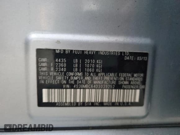 ✅ 2013 Subaru Legacy Premium • VIN: 4S3BMBC64D3039252 • Lot: 91392395. Listed on Copart with 169,279 mi. Free auction sales archive from the USA and detailed vehicle history report at DreamBid. Image 12.