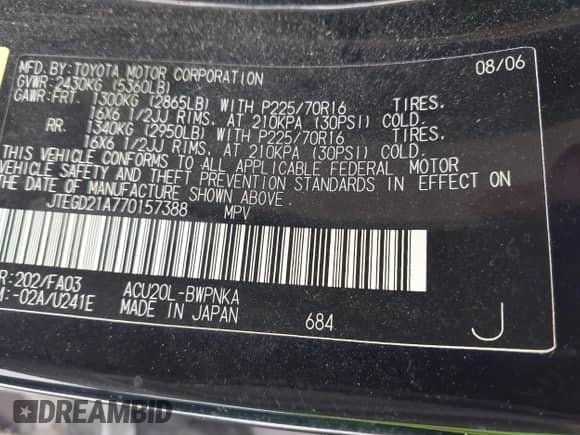 2007 Toyota Highlander z VIN JTEGD21A770157388, wystawiony jako IAAI lot #42839759 z przebiegiem 257 275 mil mil oraz . Historia ofert i sprzedaży dostępna na DreamBid. Obrazek 9.