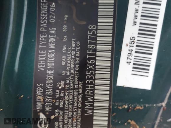 ✅ 2006 MINI Convertible S • VIN: WMWRH335X6TF87758 • Лот: 74358164. Опубликован ранее на Copart с пробегом Не указан. Бесплатный доступ к архиву аукционных продаж из США и подробный отчёт об истории автомобиля на DreamBid. Изображение 13.