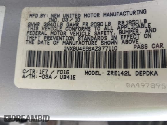 ✅ 2010 Toyota Corolla • VIN: 1NXBU4EE6AZ377110 • Lot: 42548701. Listed on IAAI with 178,167 mi. Free auction sales archive from the USA and detailed vehicle history report at DreamBid. Image 9.