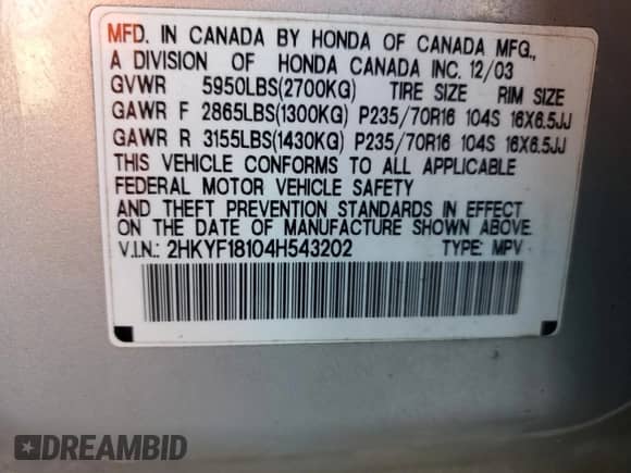 2004 Honda Pilot LX with VIN 2HKYF18104H543202, listed as a Copart auction lot 69050395 with 205,083 mi miles and Salvage title. Bid and sale history available at DreamBid. Image 13.