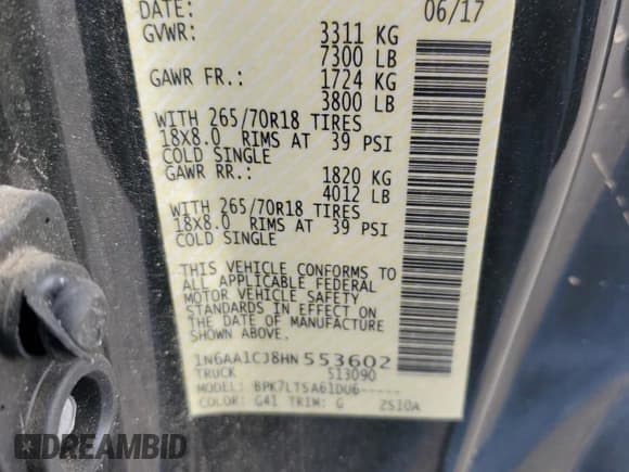 ✅ 2017 Nissan Titan S • VIN: 1N6AA1CJ8HN553602 • Lot: 92037825. Listed on Copart with Not provided. Free auction sales archive from the USA and detailed vehicle history report at DreamBid. Image 12.