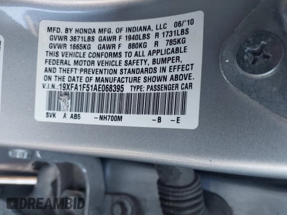 ✅ 2010 Honda Civic LX • VIN: 19XFA1F51AE068395 • Lot: 43529675. Wystawiony na IAAI z przebiegiem 139 000 mil. Bezpłatny archiwum sprzedaży aukcyjnych z USA i szczegółowy raport historii pojazdu na DreamBid. Zdjęcie 9.