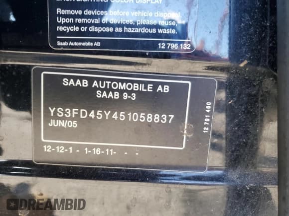 ✅ 2005 Saab 9-3 • VIN: YS3FD45Y451058837 • Lot: 76827124. Wystawiony na Copart z przebiegiem 171 275 mil. Bezpłatny archiwum sprzedaży aukcyjnych z USA i szczegółowy raport historii pojazdu na DreamBid. Zdjęcie 12.