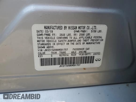 ✅ 2019 Infiniti Q50 Signature Edition • VIN: JN1EV7AR8KM591707 • Lot: 58957555. Listed on Copart with 53,450 mi. Free auction sales archive from the USA and detailed vehicle history report at DreamBid. Image 12.