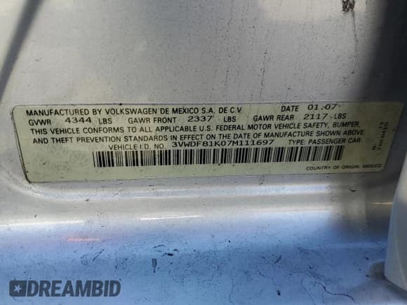 ✅ 2007 Volkswagen Jetta • VIN: 3VWDF81K07M111697 • Lot: 76053294. Listed on Copart with 177,885 mi. Free auction sales archive from the USA and detailed vehicle history report at DreamBid. Image 13.