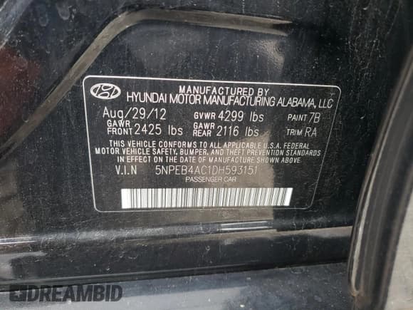 ✅ 2013 Hyundai Sonata GLS • VIN: 5NPEB4AC1DH593151 • Lot: 63753234. Listed on Copart with 77,953 mi. Free auction sales archive from the USA and detailed vehicle history report at DreamBid. Image 12.