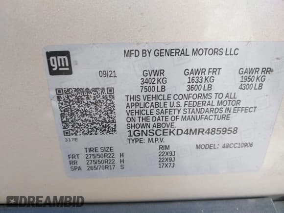 ✅ 2021 Chevrolet Suburban RST • VIN: 1GNSCEKD4MR485958 • Lot: 41275166. Listed on IAAI with 140,991 mi. Free auction sales archive from the USA and detailed vehicle history report at DreamBid. Image 9.