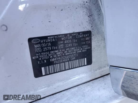 2016 Hyundai Azera Limited with VIN KMHFH4JG3GA559791, listed as a Copart auction lot 83408684 with 87,329 mi miles and Salvage title. Bid and sale history available at DreamBid. Image 13.