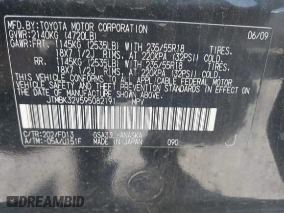 ✅ 2009 Toyota RAV4 Sport • VIN: JTMBK32V595082191 • Lot: 42539017. Listed on IAAI with 234,398 mi. Free auction sales archive from the USA and detailed vehicle history report at DreamBid. Image 9.