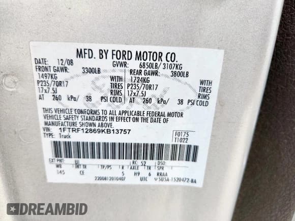 ✅ 2009 Ford F-150 XL • VIN: 1FTRF12869KB13757 • Лот: 71746125. Опубликован ранее на Copart с пробегом 130 121 миль. Бесплатный доступ к архиву аукционных продаж из США и подробный отчёт об истории автомобиля на DreamBid. Изображение 13.