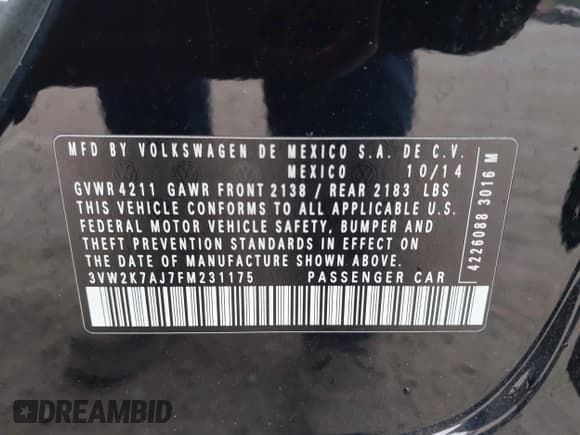 ✅ 2015 Volkswagen Jetta S • VIN: 3VW2K7AJ7FM231175 • Lot: 43401154. Listed on IAAI with 177,252 mi. Free auction sales archive from the USA and detailed vehicle history report at DreamBid. Image 9.