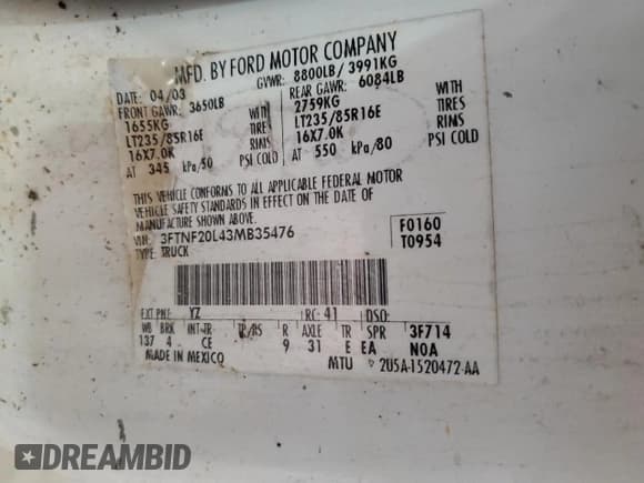 ✅ 2003 Ford F-250 XL • VIN: 3FTNF20L43MB35476 • Лот: 47252475. Опубликован ранее на Copart с пробегом 434 412 миль. Бесплатный доступ к архиву аукционных продаж из США и подробный отчёт об истории автомобиля на DreamBid. Изображение 12.