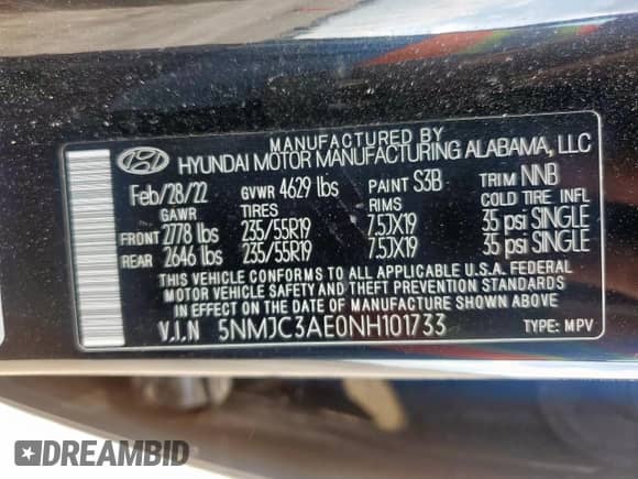 2022 Hyundai Tucson SEL with VIN 5NMJC3AE0NH101733, listed as a Copart auction lot 81021525 with 36,483 mi miles and Salvage title. Bid and sale history available at DreamBid. Image 14.