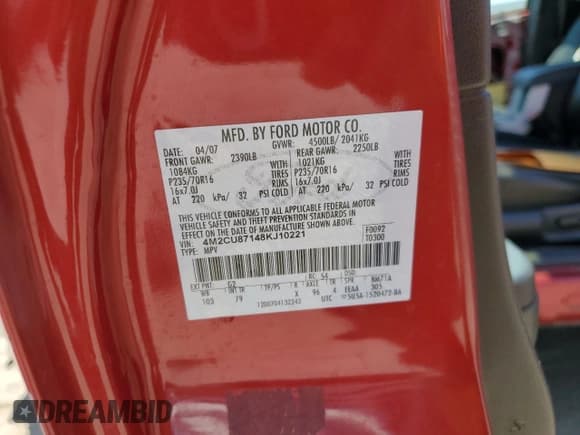 ✅ 2008 Mercury Mariner Premier • VIN: 4M2CU87148KJ10221 • Lot: 62594335. Wystawiony na Copart z przebiegiem 200 198 mil. Bezpłatny archiwum sprzedaży aukcyjnych z USA i szczegółowy raport historii pojazdu na DreamBid. Zdjęcie 12.