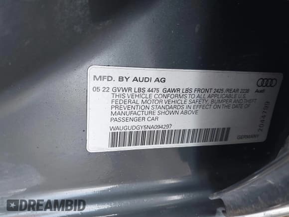 ✅ 2022 Audi A3 Premium • VIN: WAUGUDGY5NA094297 • Lot: 41109912. Listed on IAAI with 40,264 mi. Free auction sales archive from the USA and detailed vehicle history report at DreamBid. Image 9.