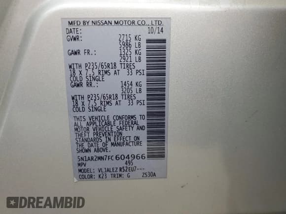 ✅ 2015 Nissan Pathfinder S • VIN: 5N1AR2MN7FC604966 • Лот: 92135205. Опубликован ранее на Copart с пробегом 112 314 миль. Бесплатный доступ к архиву аукционных продаж из США и подробный отчёт об истории автомобиля на DreamBid. Изображение 14.