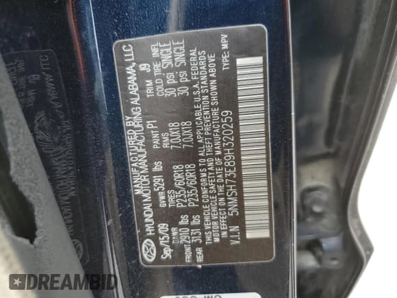 ✅ 2009 Hyundai Santa Fe Limited • VIN: 5NMSH73E89H320259 • Lot: 73205174. Listed on Copart with 151,005 mi. Free auction sales archive from the USA and detailed vehicle history report at DreamBid. Image 13.