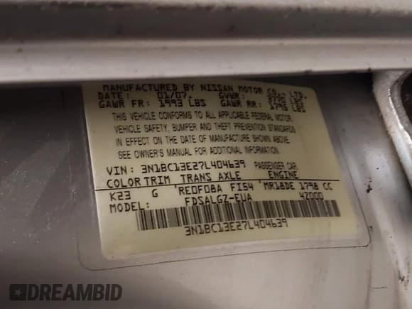 ✅ 2007 Nissan Versa SL • VIN: 3N1BC13E27L404639 • Lot: 43867750. Listed on IAAI with 133,879 mi. Free auction sales archive from the USA and detailed vehicle history report at DreamBid. Image 9.