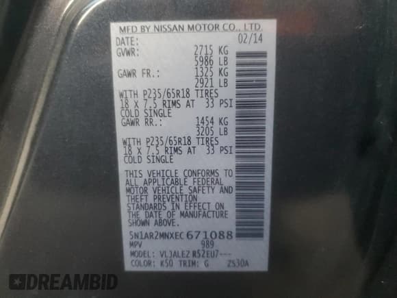 ✅ 2014 Nissan Pathfinder S • VIN: 5N1AR2MNXEC671088 • Lot: 82664625. Listed on Copart with 121,492 mi. Free auction sales archive from the USA and detailed vehicle history report at DreamBid. Image 13.