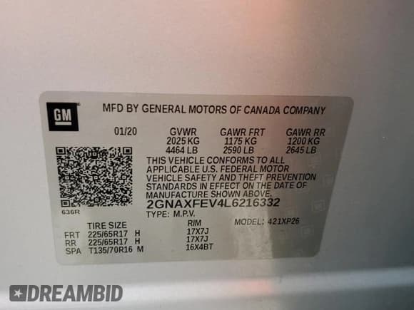 ✅ 2020 Chevrolet Equinox LS • VIN: 2GNAXFEV4L6216332 • Лот: 54172795. Опубликован ранее на Copart с пробегом 113 721 миль. Бесплатный доступ к архиву аукционных продаж из США и подробный отчёт об истории автомобиля на DreamBid. Изображение 14.