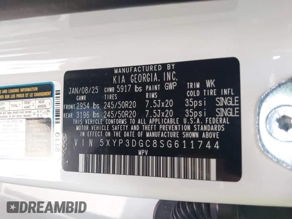 ✅ 2025 Kia Telluride EX • VIN: 5XYP3DGC8SG611744 • Lot: 43596977. Listed on IAAI with 11,569 mi. Free auction sales archive from the USA and detailed vehicle history report at DreamBid. Image 8.