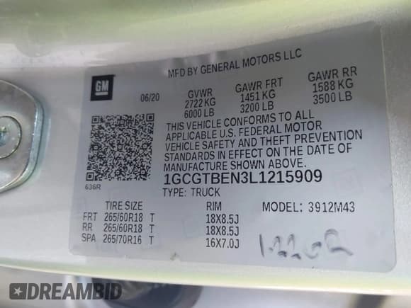 ✅ 2020 Chevrolet Colorado 4WD Work Truck • VIN: 1GCGTBEN3L1215909 • Lot: 42591564. Listed on IAAI with 45,369 mi. Free auction sales archive from the USA and detailed vehicle history report at DreamBid. Image 9.
