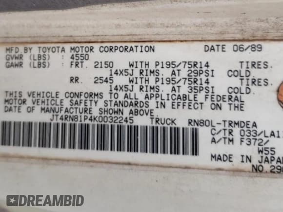 ✅ 1989 Toyota Pickup DX • VIN: JT4RN81P4K0032245 • Лот: 83868425. Опубликован ранее на Copart с пробегом 180 323 миль. Бесплатный доступ к архиву аукционных продаж из США и подробный отчёт об истории автомобиля на DreamBid. Изображение 12.