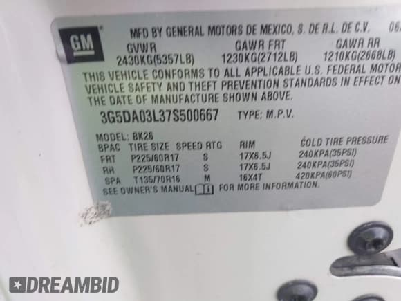 ✅ 2007 Buick Rendezvous CX • VIN: 3G5DA03L37S500667 • Lot: 41715010. Wystawiony na IAAI z przebiegiem 215 782 mil. Bezpłatny archiwum sprzedaży aukcyjnych z USA i szczegółowy raport historii pojazdu na DreamBid. Zdjęcie 9.