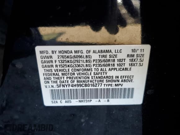 ✅ 2012 Honda Pilot Touring • VIN: 5FNYF4H99CB016277 • Лот: 82518915. Опубликован ранее на Copart с пробегом Не указан. Бесплатный доступ к архиву аукционных продаж из США и подробный отчёт об истории автомобиля на DreamBid. Изображение 13.