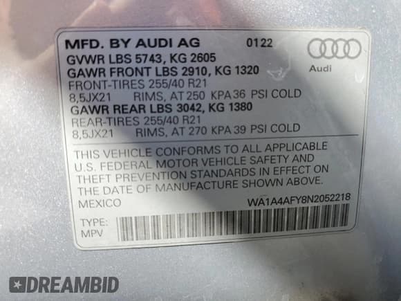 ✅ 2022 Audi SQ5 Premium • VIN: WA1A4AFY8N2052218 • Lot: 69474304. Listed on Copart with 33,282 mi. Free auction sales archive from the USA and detailed vehicle history report at DreamBid. Image 15.