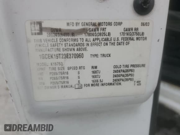 ✅ 2003 Chevrolet Silverado 1500 LS • VIN: 1GCEK19T23E370960 • Lot: 90586295. Listed on Copart with 281,731 mi. Free auction sales archive from the USA and detailed vehicle history report at DreamBid. Image 12.