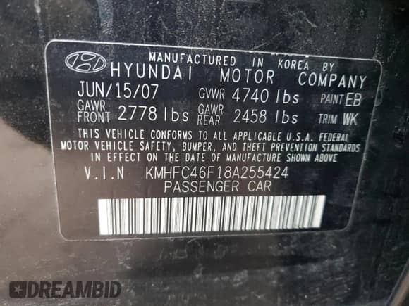 2008 Hyundai Azera Limited with VIN KMHFC46F18A255424, listed as a Copart auction lot 47258205 with 117,522 mi miles and Salvage title. Bid and sale history available at DreamBid. Image 12.